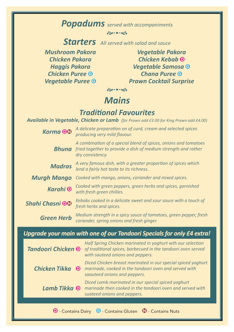 Bombay Lounge Sun - Thurs Banquet Menu 2025