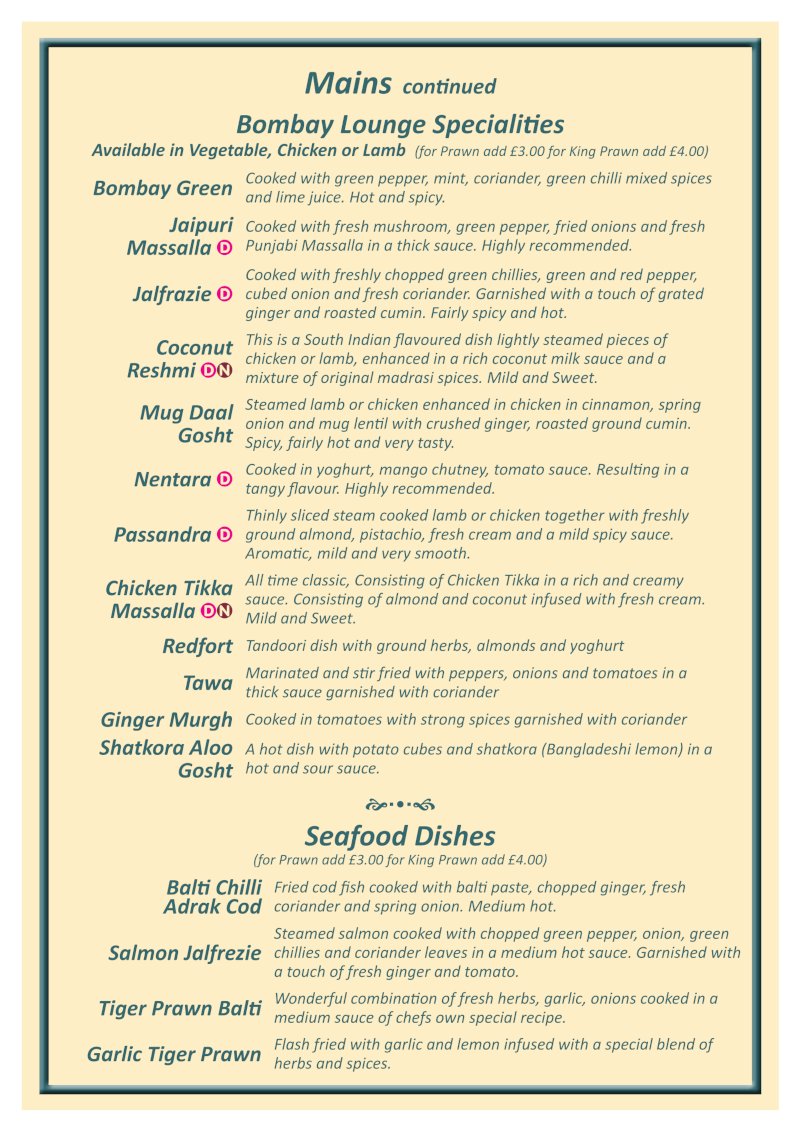 Bombay Lounge Sun - Thurs Banquet Menu 2025