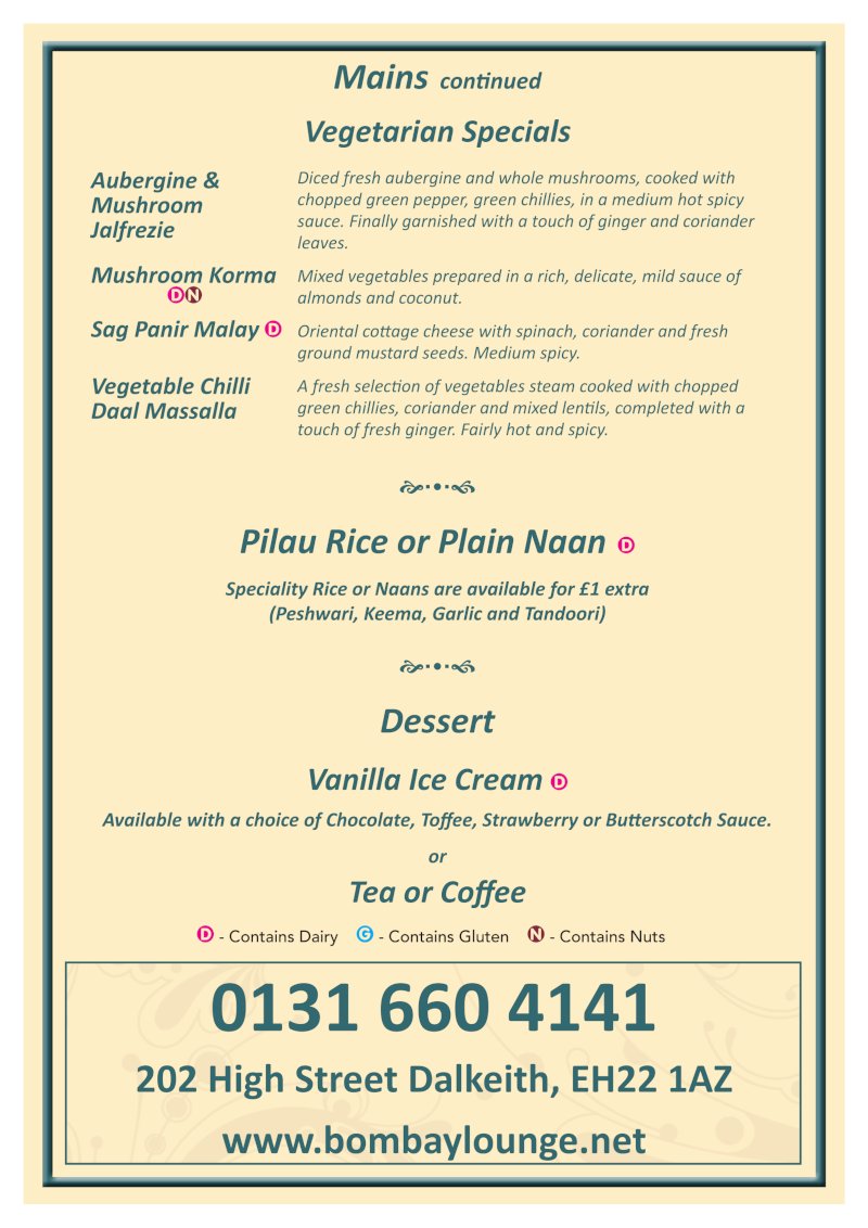 Bombay Lounge Sun - Thurs Banquet Menu 2025
